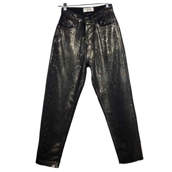 Free People We The Free Crvy Animal Gold Printed Georgine Foil Jeans HighRise 25